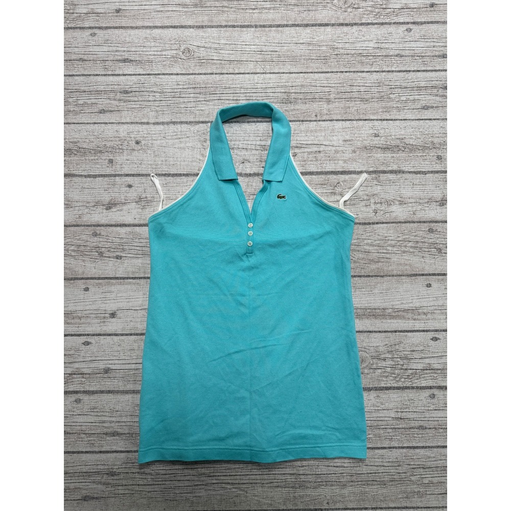 Lacoste Halter Top Women's 38 Turquoise Blue Pique Sleeveless Athletic Sporty